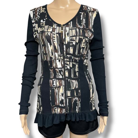 Dolcezza Tops - Dolcezza Womens Shirt Top Full Zip Long Sleeve Ribbed Ruffled Hem Black Brown S